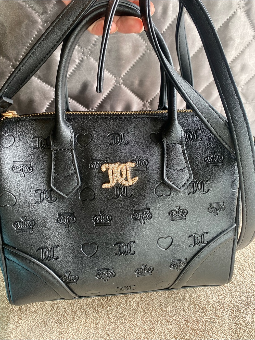 Juicy Couture Black Embossed Satchel Crossbody Bag Gold JC Rhinestone